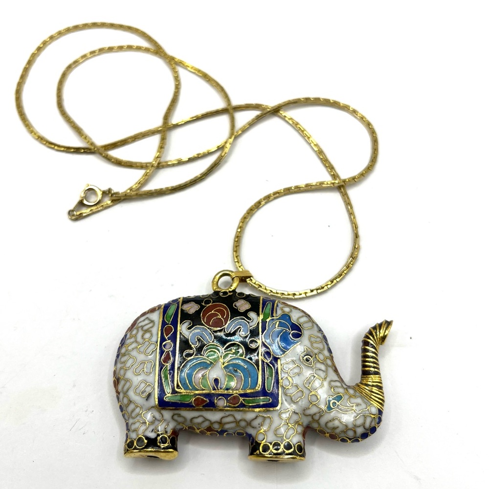 Gold Elephant  Cloisonné Elephant  Pendant Necklace Oversized Big Bold